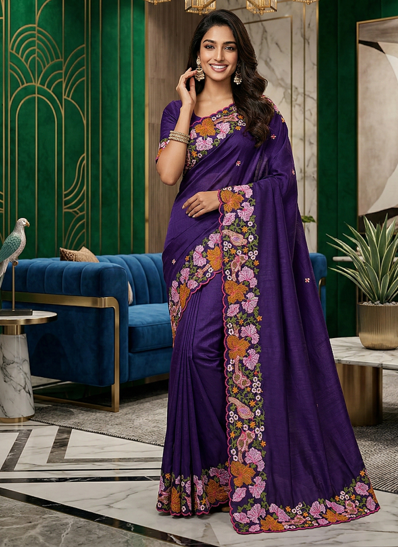 Purple Color Malti Colour Thread Embroidery work  Silk Saree