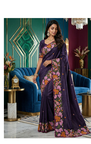 Purple Color Malti Colour Thread Embroidery work  art silk saree 2