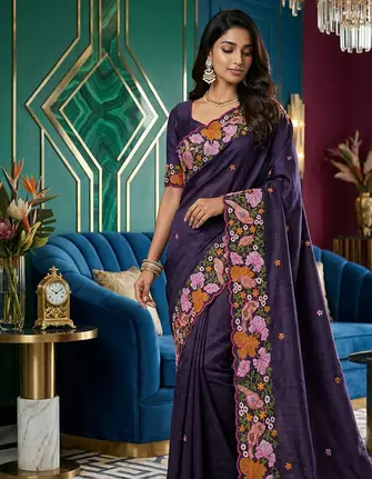 Purple Color Malti Colour Thread Embroidery work  art silk saree