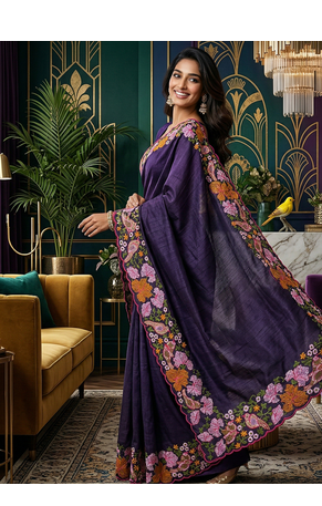 Purple Color Malti Colour Thread Embroidery work  art silk saree 3