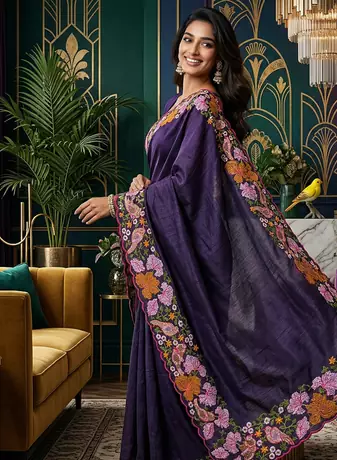 Purple Color Malti Colour Thread Embroidery work  art silk saree
