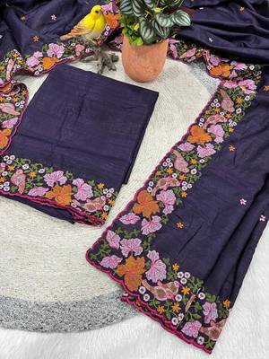 Purple Color Malti Colour Thread Embroidery work  art silk saree 4