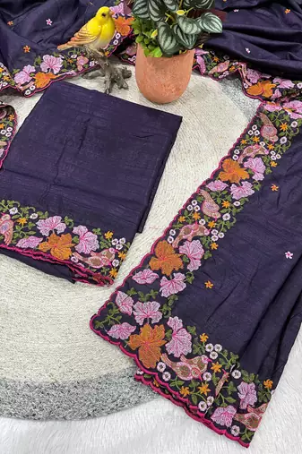 Purple Color Malti Colour Thread Embroidery work  art silk saree