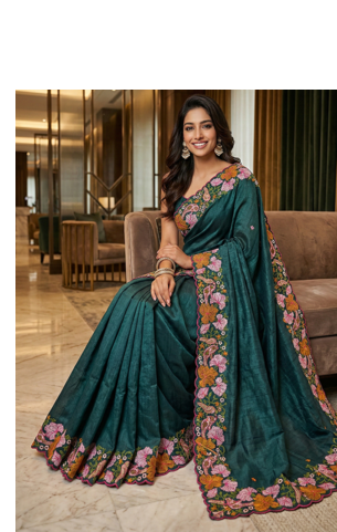 Teal Color Malti Colour Thread Embroidery work  art silk saree 1