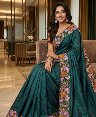 Teal Color Malti Colour Thread Embroidery work  Silk Saree