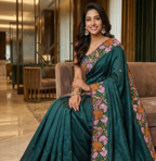 Teal Color Malti Colour Thread Embroidery work  Silk Saree