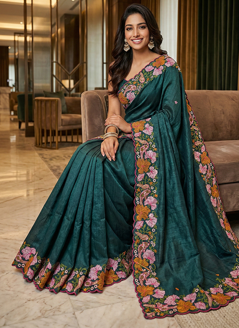 Teal Color Malti Colour Thread Embroidery work  Silk Saree