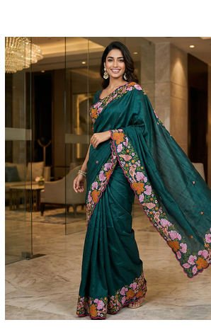 Teal Color Malti Colour Thread Embroidery work  art silk saree 2