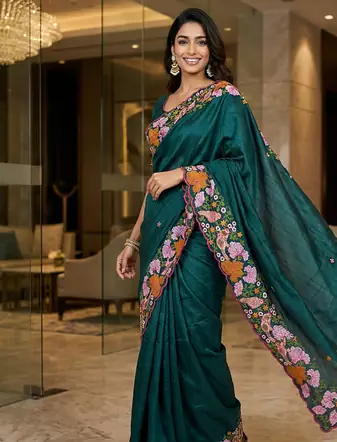 Teal Color Malti Colour Thread Embroidery work  art silk saree