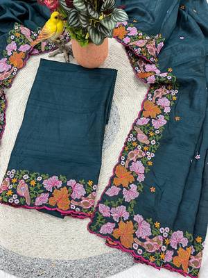 Teal Color Malti Colour Thread Embroidery work  art silk saree 3