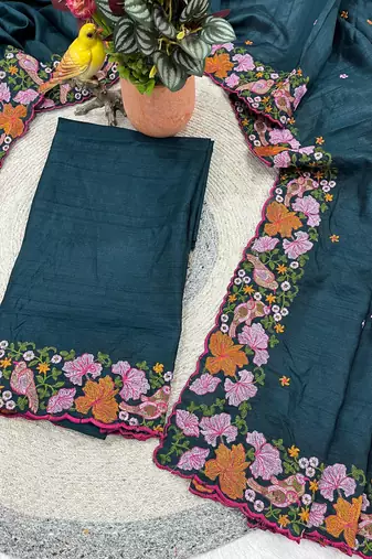 Teal Color Malti Colour Thread Embroidery work  art silk saree