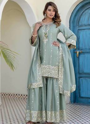 Elegant sage green embroidered kurta sharara set with dupatta 1