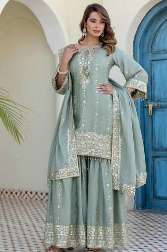 Elegant sage green embroidered kurta sharara set with dupatta