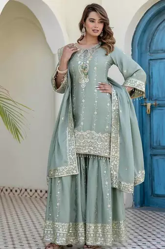 Elegant sage green embroidered kurta sharara set with dupatta