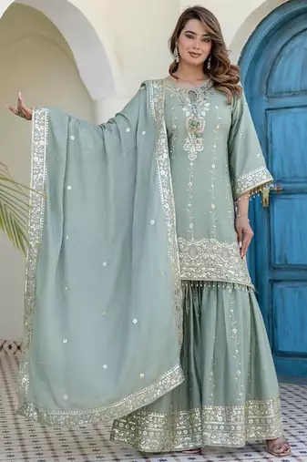 Elegant sage green embroidered kurta sharara set with dupatta
