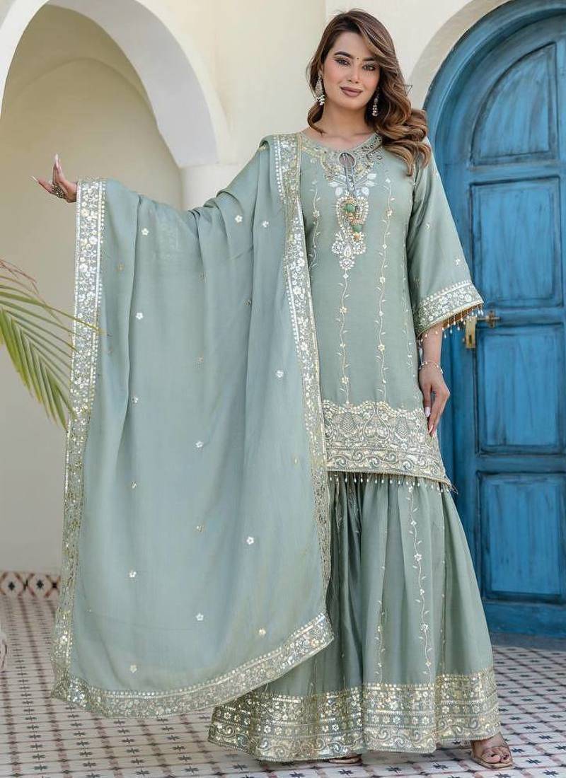 Elegant sage green embroidered kurta sharara set with dupatta