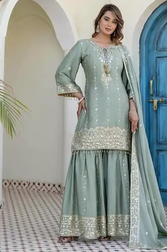 Elegant sage green embroidered kurta sharara set with dupatta