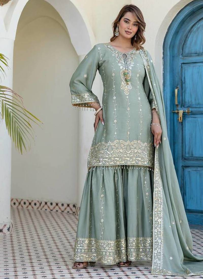 Elegant sage green embroidered kurta sharara set with dupatta