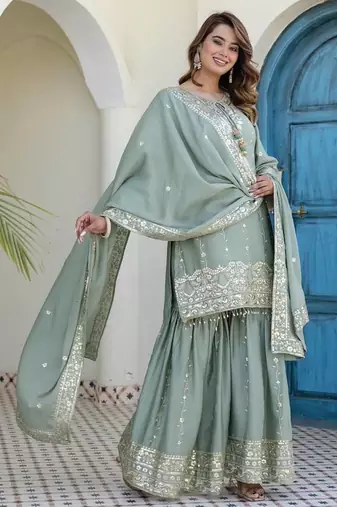Elegant sage green embroidered kurta sharara set with dupatta