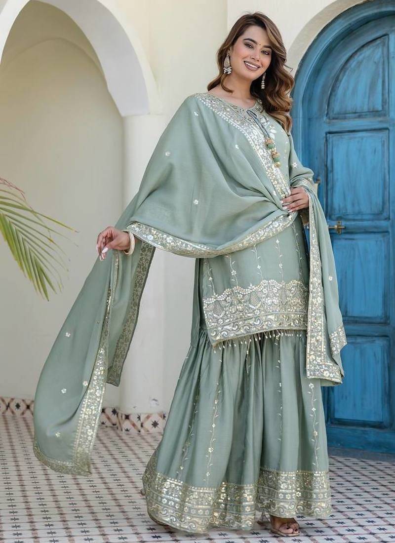 Elegant sage green embroidered kurta sharara set with dupatta
