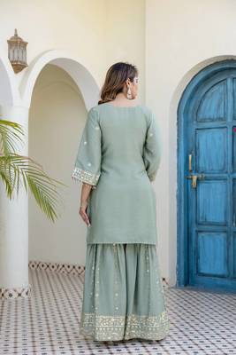 Elegant sage green embroidered kurta sharara set with dupatta 5