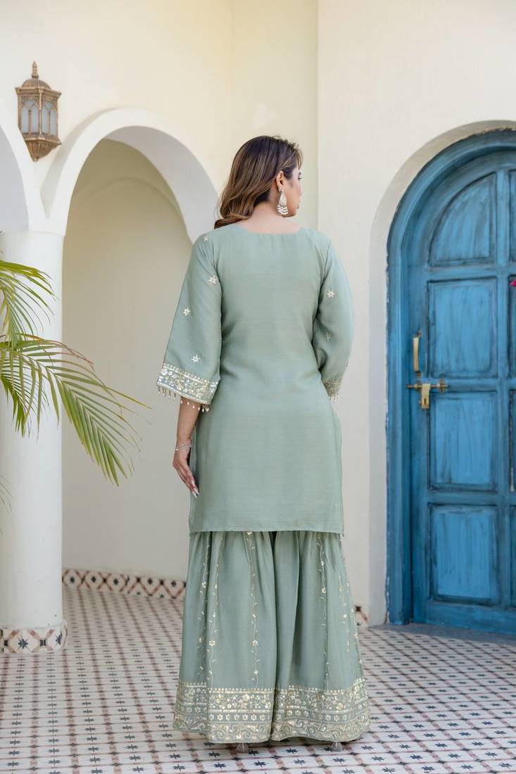 Elegant sage green embroidered kurta sharara set with dupatta