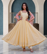Elegant pastel yellow anarkali dress with soft pink dupatta