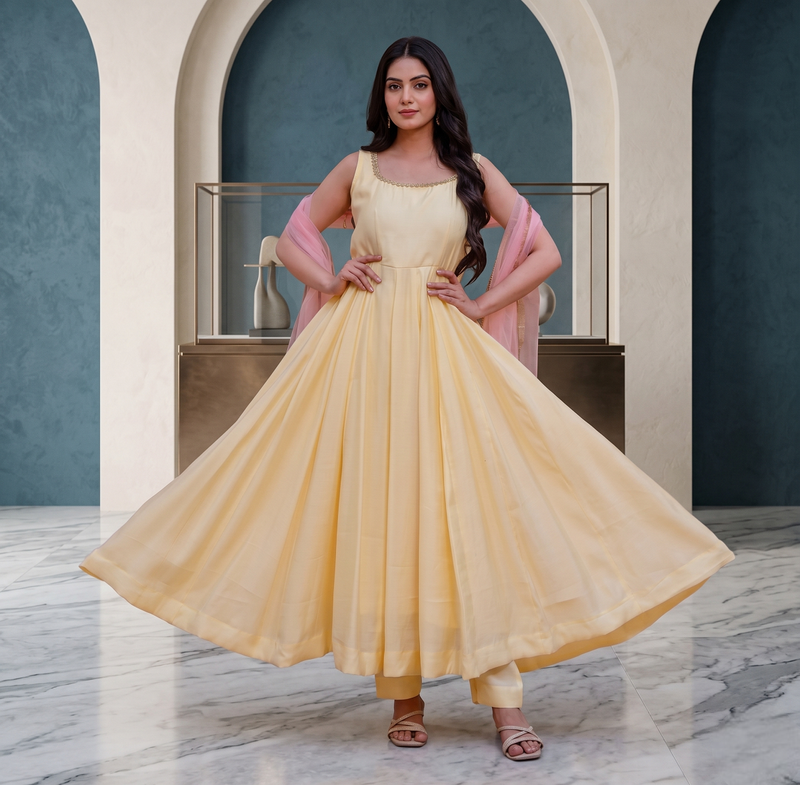 Elegant pastel yellow anarkali dress with soft pink dupatta