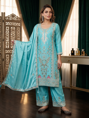 Elegant sky blue embroidered kurta palazzo set with dupatta 2