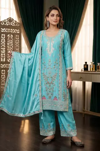 Elegant sky blue embroidered kurta palazzo set with dupatta