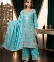 Elegant sky blue embroidered kurta palazzo set with dupatta