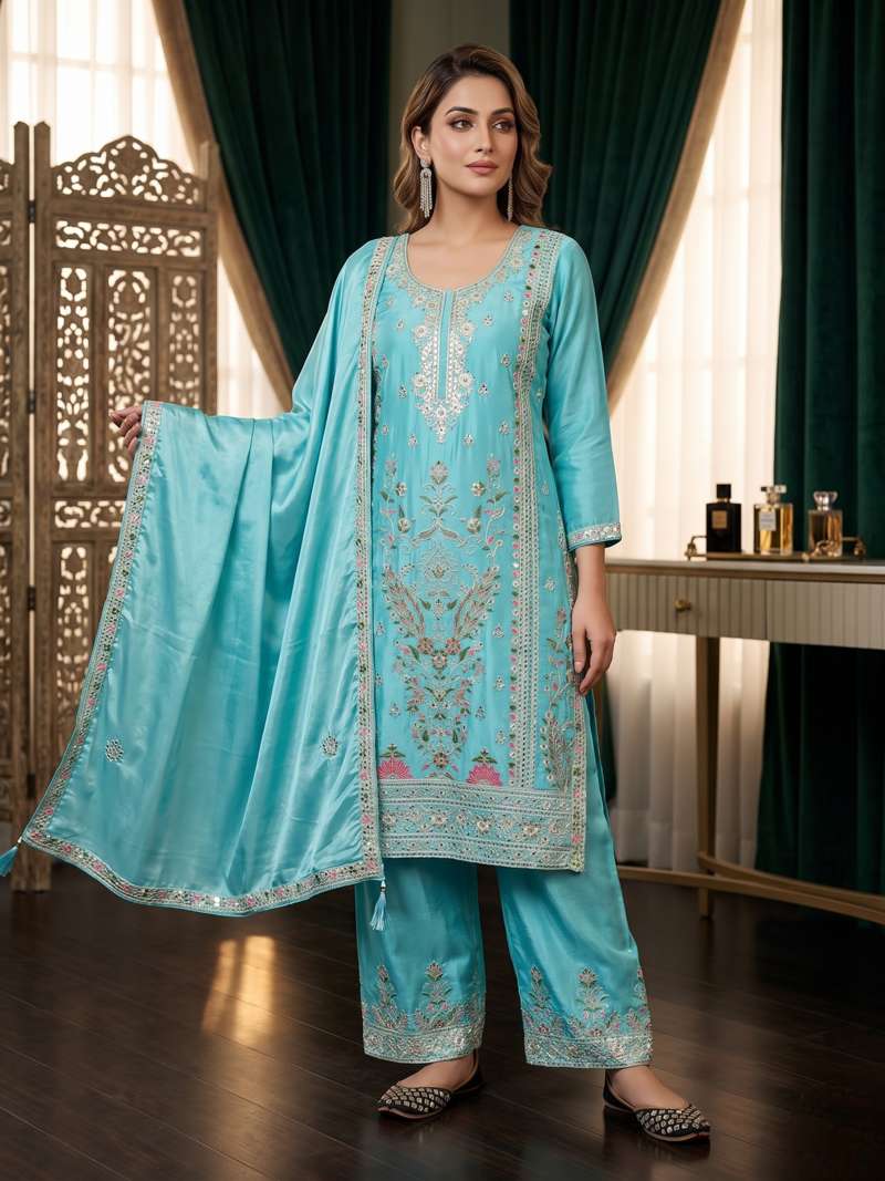 Elegant sky blue embroidered kurta palazzo set with dupatta