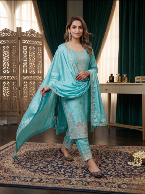 Elegant sky blue embroidered kurta palazzo set with dupatta 1