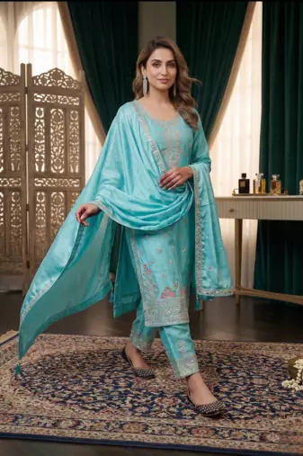 Elegant sky blue embroidered kurta palazzo set with dupatta