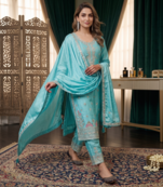 Elegant sky blue embroidered kurta palazzo set with dupatta