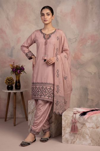 Elegant blush pink embroidered kurta set with farshi salwar
