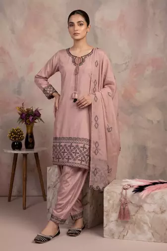 Elegant blush pink embroidered kurta set with farshi salwar