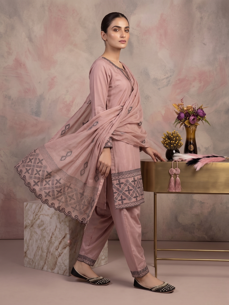 Elegant blush pink embroidered kurta set with farshi salwar