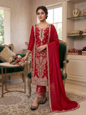 Elegant red embroidered kurta palazzo set with dupatta 1