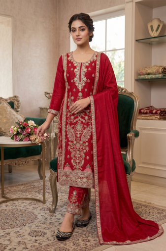 Elegant red embroidered kurta palazzo set with dupatta