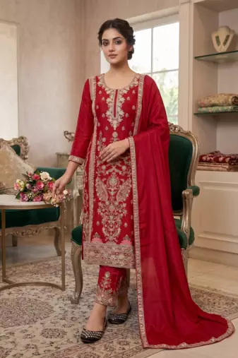 Elegant red embroidered kurta palazzo set with dupatta
