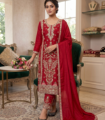 Elegant red embroidered kurta palazzo set with dupatta