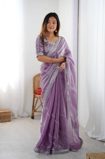 Lavender color jimmichu silk embroidery work party wear saree