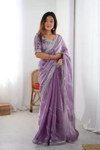 Lavender color jimmichu silk embroidery work party wear saree