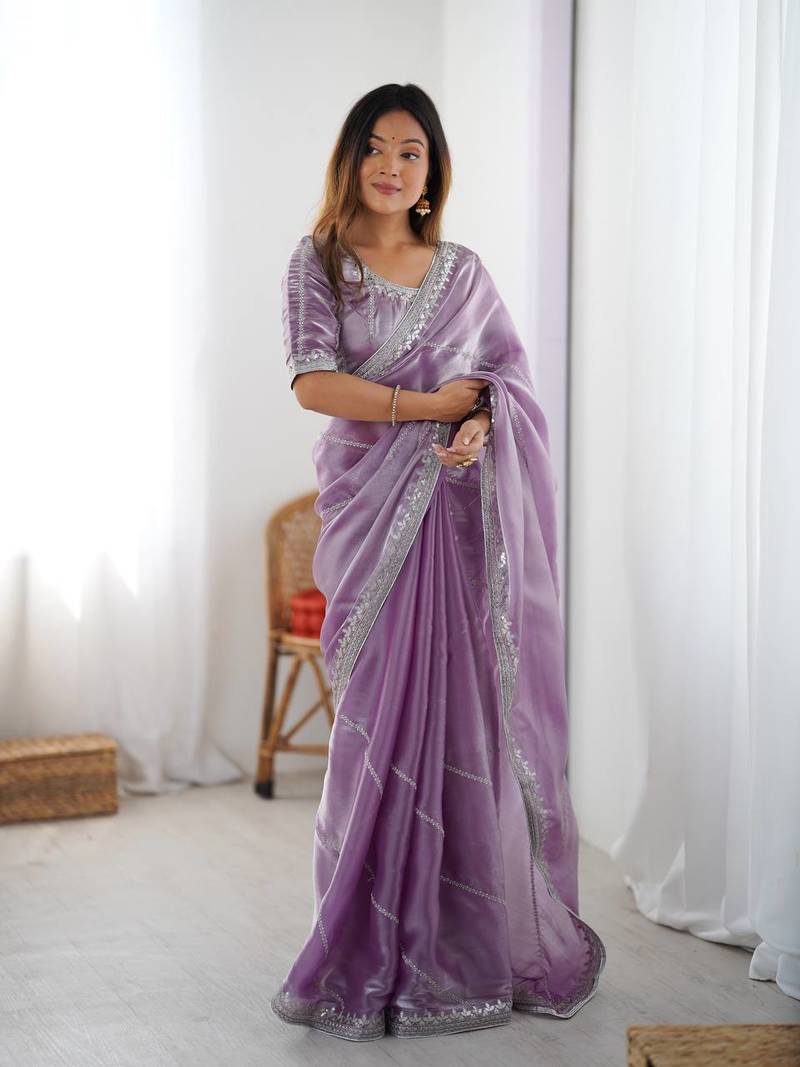 Lavender color jimmichu silk embroidery work party wear saree