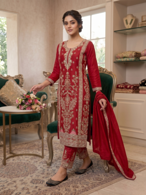 Elegant red embroidered kurta palazzo set with dupatta 2