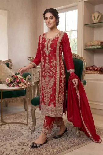 Elegant red embroidered kurta palazzo set with dupatta