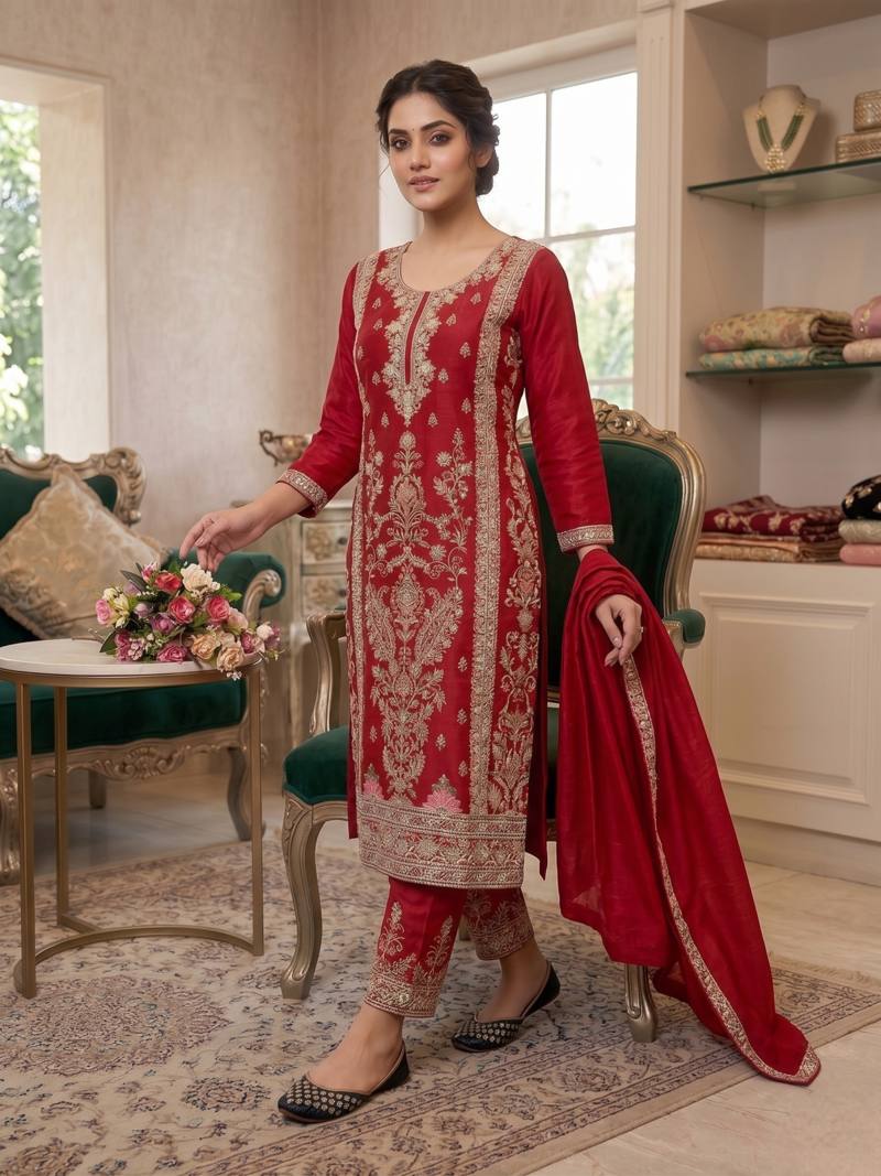 Elegant red embroidered kurta palazzo set with dupatta