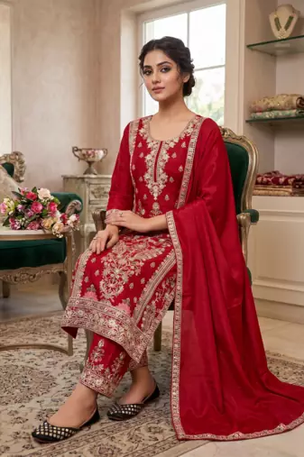 Elegant red embroidered kurta palazzo set with dupatta