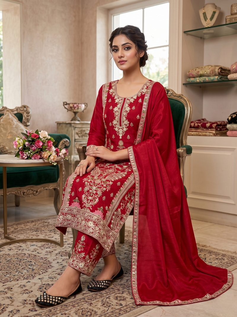 Elegant red embroidered kurta palazzo set with dupatta